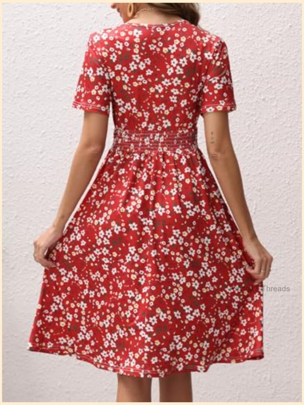 Womens Midi Floral Dress - Short Sleeve Wrap V-Neck Summer Dress with Smocked - Picture 4 of 7